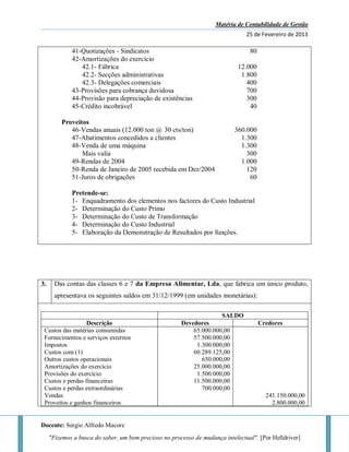Matéria de Contabilidade de Gestão
25 de Fevereiro de 2013
Docente: Sergio Alfredo Macore
"Fizemos a busca do saber, um bem precioso no processo de mudança intelectual". [Por Helldriver]
41-Quotizações - Sindicatos 80
42-Amortizações do exercício
42.1- Fábrica 12.000
42.2- Secções administrativas 1.800
42.3- Delegações comerciais 400
43-Provisões para cobrança duvidosa 700
44-Provisão para depreciação de existências 300
45-Crédito incobrável 40
Proveitos
46-Vendas anuais (12.000 ton @ 30 cts/ton) 360.000
47-Abatimentos concedidos a clientes 1.300
48-Venda de uma máquina 1.300
Mais valia 300
49-Rendas de 2004 1.000
50-Renda de Janeiro de 2005 recebida em Dez/2004 120
51-Juros de obrigações 60
Pretende-se:
1- Enquadramento dos elementos nos factores do Custo Industrial
2- Determinação do Custo Primo
3- Determinação do Custo de Transformação
4- Determinação do Custo Industrial
5- Elaboração da Demonstração de Resultados por funções.
3. Das contas das classes 6 e 7 da Empresa Alimentar, Lda, que fabrica um único produto,
apresentava os seguintes saldos em 31/12/1999 (em unidades monetárias):
SALDO
Descrição Devedores Credores
Custos das matérias consumidas
Fornecimentos e serviços externos
Impostos
Custos com (1)
Outros custos operacionais
Amortizações do exercício
Provisões do exercício
Custos e perdas financeiras
Custos e perdas extraordinárias
Vendas
Proveitos e ganhos financeiros
65.000.000,00
57.500.000,00
1.300.000,00
60.289.125,00
650.000,00
25.000.000,00
1.500.000,00
11.500.000,00
700.000,00
241.150.000,00
2.800.000,00
 