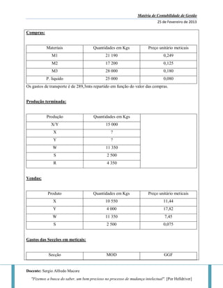 Matéria de Contabilidade de Gestão
25 de Fevereiro de 2013
Docente: Sergio Alfredo Macore
"Fizemos a busca do saber, um bem precioso no processo de mudança intelectual". [Por Helldriver]
Compras:
Materiais Quantidades em Kgs Preço unitário meticais
M1 21 190 0,249
M2 17 200 0,125
M3 28 000 0,180
P. liquido 25 000 0,080
Os gastos de transporte é de 289,3mts repartido em função do valor das compras.
Produção terminada:
Produção Quantidades em Kgs
X/Y 15 000
X ?
Y ?
W 11 350
S 2 500
R 4 350
Vendas:
Produto Quantidades em Kgs Preço unitário meticais
X 10 550 11,44
Y 4 000 17,82
W 11 350 7,45
S 2 500 0,075
Gastos das Secções em meticais:
Secção MOD GGF
 