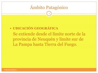 Ámbito Patagónico
@danimusiquera
1
UBICACIÓN GEOGRÁFICA
Se extiende desde el límite norte de la
provincia de Neuquén y límite sur de
La Pampa hasta Tierra del Fuego.