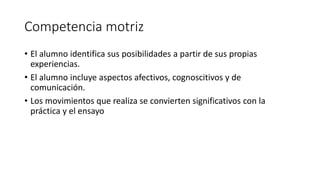 Competencia motriz
• El alumno identifica sus posibilidades a partir de sus propias
experiencias.
• El alumno incluye aspectos afectivos, cognoscitivos y de
comunicación.
• Los movimientos que realiza se convierten significativos con la
práctica y el ensayo
 
