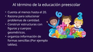 • Cuenta al menos hasta el 20.
• Razona para solucionar
problemas de cantidad.
• Construir estructuras con
figuras y cuerpos
geométricos.
• organiza información de
formas sencillas (Por ejemplo
tablas).
Al término de la educación preescolar
 