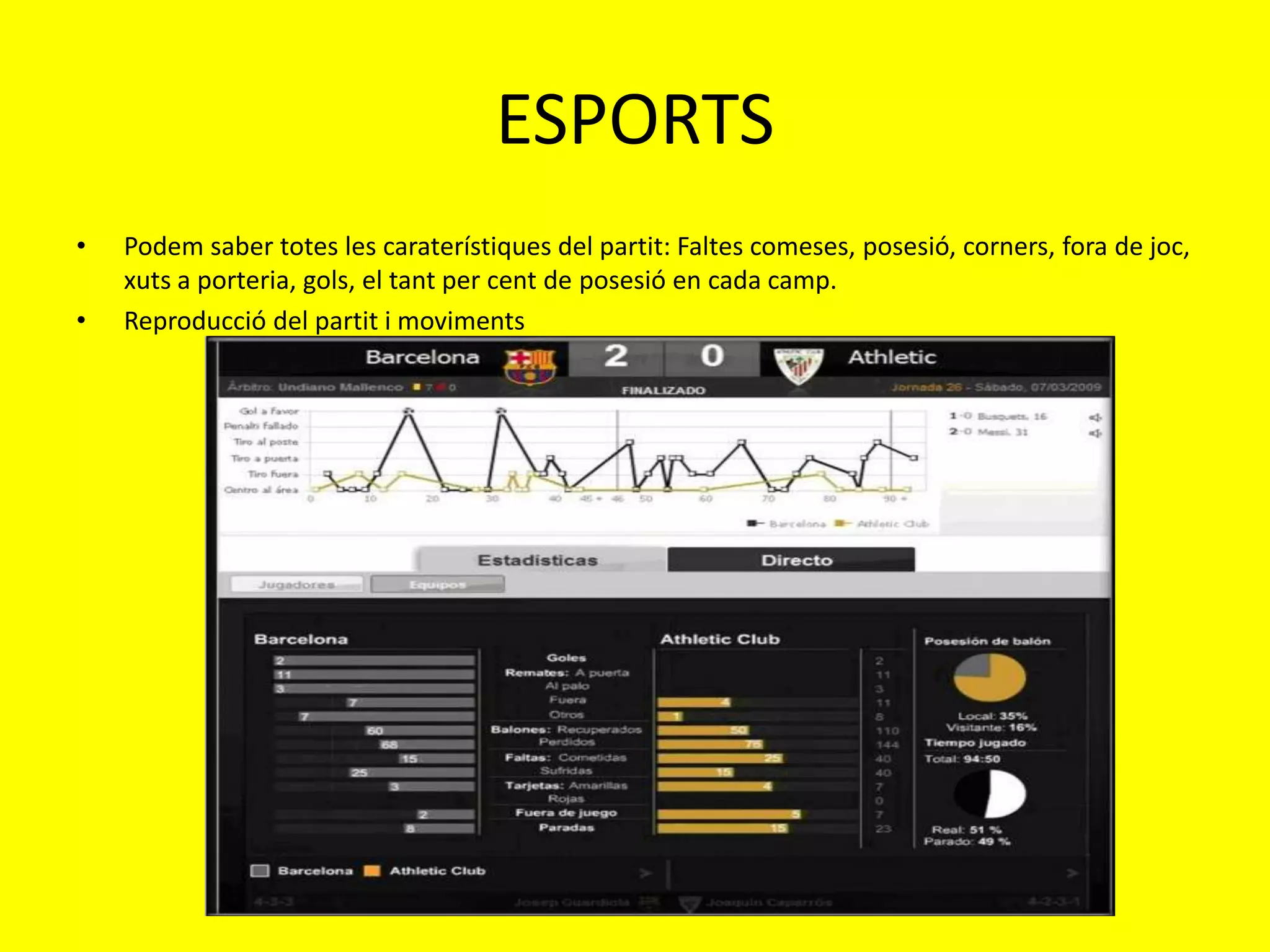 ESPORTS
•   Podem saber totes les caraterístiques del partit: Faltes comeses, posesió, corners, fora de joc,
    xuts a porteria, gols, el tant per cent de posesió en cada camp.
•   Reproducció del partit i moviments
 