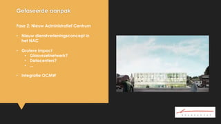 Gefaseerde aanpak
Fase 2: Nieuw Administratief Centrum
• Nieuw dienstverleningsconcept in
het NAC
• Grotere impact
• Glasvezelnetwerk?
• Datacenters?
• ...
• Integratie OCMW
 