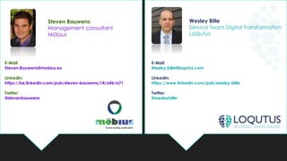 E-Mail:
Wesley.bille@loqutus.com
LinkedIn:
https://www.linkedin.com/pub/wesley-bille
Twitter:
@wesleybille
Wesley Bille
Service Team Digital Transformation
LoQutus
E-Mail:
Steven.Bauwens@mobius.eu
LinkedIn:
https://be.linkedin.com/pub/steven-bauwens/14/a46/a71
Twitter:
@stevenbauwens
Steven Bauwens
Management consultant
Möbius
 