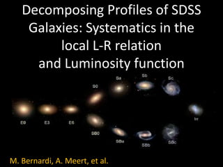 Decomposing Profiles of SDSS
Galaxies: Systematics in the
local L-R relation
and Luminosity function
M. Bernardi, A. Meert, et al.
 