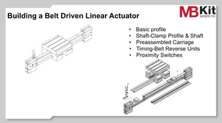Building a Belt Driven Linear Actuator
• Timing-Belt Reverse Units
• Basic profile
• Proximity Switches
• Shaft-Clamp Profile & Shaft
• Preassembled Carriage
 