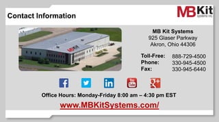 www.MBKitSystems.com/
Contact Information
MB Kit Systems
925 Glaser Parkway
Akron, Ohio 44306
Toll-Free:
Phone:
Fax:
Office Hours: Monday-Friday 8:00 am – 4:30 pm EST
888-729-4500
330-945-4500
330-945-6440
 