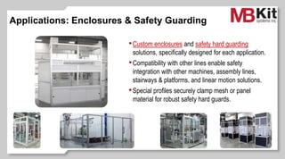 •Custom enclosures and safety hard guarding
solutions, specifically designed for each application.
•Compatibility with other lines enable safety
integration with other machines, assembly lines,
stairways & platforms, and linear motion solutions.
•Special profiles securely clamp mesh or panel
material for robust safety hard guards.
Applications: Enclosures & Safety Guarding
 