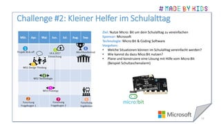 Challenge #2: Kleiner Helfer im Schulalttag
12
Ziel: Nutze Micro: Bit um dein Schulalltag zu vereinfachen
Sponsor: Microsoft
Technologie: Micro:Bit & Coding Software
Vorgehen:
• Welche Situationen können im Schulalltag vereinfacht werden?
• Wie kannst du dazu Mico:Bit nutzen?
• Plane und konstruiere eine Lösung mit Hilfe vom Micro:Bit
(Beispiel Schultaschenalarm)
 