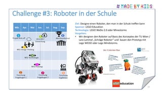 Challenge #3: Roboter in der Schule
13
Ziel: Designe einen Roboter, den man in der Schule treffen kann
Sponsor: LEGO Education
Technologie: LEGO WeDo 2.0 oder Minestorms
Vorgehen:
• Wir designen den Roboter auf Basis des Konzeptes der TU Wien /
Lara Lammel „Schräge Roboter“ und bauen den Prototyp mit
Lego WEDO oder Lego Mindstorms.
 