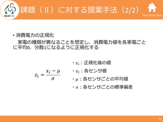 SmartHome Team
• 消費電⼒の正規化
家電の種類が異なることを想定し、消費電⼒値を各家電ごと
に平均0、分散1になるように正規化する
21
課題（Ⅱ）に対する提案⼿法（2/2）
𝑧" =
𝑥" − 𝜇
𝜎
・𝑧"：正規化後の値
・...