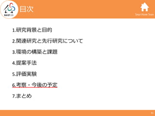 SmartHome Team
1.研究背景と⽬的
2.関連研究と先⾏研究について
3.環境の構築と課題
4.提案⼿法
5.評価実験
6.考察・今後の予定
7.まとめ
41
⽬次
 