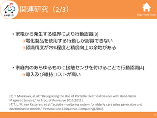 SmartHome Team
• 家電から発⽣する磁界により⾏動認識[3]
→電化製品を使⽤する⾏動しか認識できない
→認識精度が75%程度と精度向上の余地がある
• 家庭内のあらゆるものに接触センサを付けることで⾏動認識[4]
→導⼊及び維持...