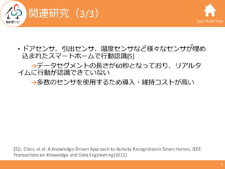 SmartHome Team
• ドアセンサ、引出センサ、温度センサなど様々なセンサが埋め
込まれたスマートホームで⾏動認識[5]
→データセグメントの⻑さが60秒となっており、リアルタ
イムに⾏動が認識できていない
→多数のセンサを使⽤...