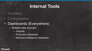 Internal Tools
• Architect
• Cartographer
• Dashboards (Everywhere)
– Multiple data sources
• Graphite
• Production databases
• Business Intelligence databases

 