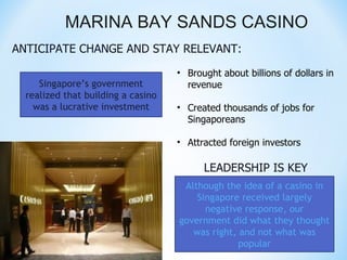 MARINA BAY SANDS CASINO
ANTICIPATE CHANGE AND STAY RELEVANT:

                                    • Brought about billions of dollars in
     Singapore’s government           revenue
  realized that building a casino
    was a lucrative investment      • Created thousands of jobs for
                                      Singaporeans

                                    • Attracted foreign investors

                                          LEADERSHIP IS KEY
                                     Although the idea of a casino in
                                        Singapore received largely
                                          negative response, our
                                    government did what they thought
                                       was right, and not what was
                                                  popular
 