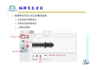  每個角色可加入自己的聲音資源
 由音效庫中選擇音效
 使用麥克風錄製音效
 上傳音效檔案
編輯角色音效
17
音效來源
刪除音效
播放時間
調整音效效果
錄音
 