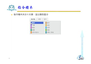  指令積木共分十大類，並以顏色區分
指令積木
20
 