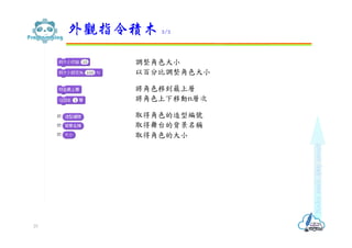 外觀指令積木 2/2
25
調整角色大小
以百分比調整角色大小
將角色移到最上層
將角色上下移動n層次
取得角色的造型編號
取得舞台的背景名稱
取得角色的大小
 