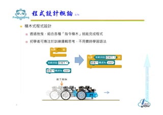  積木式程式設計
 透過拖曳、組合各種「指令積木」就能完成程式
 初學者可專注於訓練邏輯思考，不用費時學習語法
程式設計概論 2/6
3
按下按鈕
 