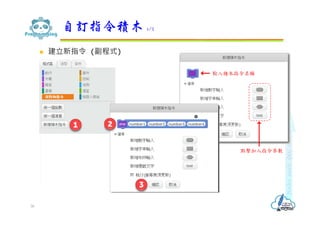  建立新指令 (副程式)
自訂指令積木 1/2
36
點擊加入指令參數
輸入積木指令名稱
 