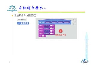  建立新指令 (副程式)
自訂指令積木 2/2
37
編輯指令內容
 