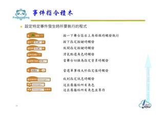  設定特定事件發生時所要執⾏的程式
事件指令積木
39
按一下舞台區右上角綠旗時觸發執行
按下指定按鍵時觸發
放開指定按鍵時觸發
滑鼠點選角色時觸發
當舞台切換為指定背景時觸發
當選單事項大於指定值時觸發
收到指定訊息時觸發
送出廣播給所有角色
送出廣播給所有角色並等待
 