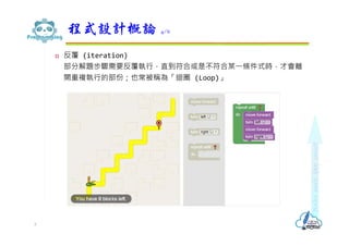  反覆 (iteration)
部分解題步驟需要反覆執⾏，直到符合或是不符合某⼀條件式時，才會離
開重複執⾏的部份；也常被稱為「迴圈 (Loop)」
程式設計概論 4/6
5
 