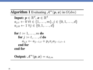 Algorithm 1 Evaluating Am
(p, x) in O(dm)
Input: p 2 Rd
, x 2 Rd
aj,t 0 8t 2 {1, . . . , m}, j 2 {0, 1, . . . , d}
aj,0 1 8j 2 {0, 1, . . . , d}
for t := 1, . . . , m do
for j := t, . . . , d do
aj,t aj 1,t + pjxjaj 1,t 1
end for
end for
Output: Am
(p, x) = ad,m
Algor
Inp
˜aj,t
˜ad,m
for
f
e
end
˜pj :
Ou
20
 