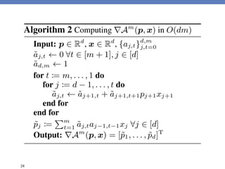 m) Algorithm 2 Computing rAm
(p, x) in O(dm)
Input: p 2 Rd
, x 2 Rd
, {aj,t}d,m
j,t=0
˜aj,t 0 8t 2 [m + 1], j 2 [d]
˜ad,m 1
for t := m, . . . , 1 do
for j := d 1, . . . , t do
˜aj,t ˜aj+1,t + ˜aj+1,t+1pj+1xj+1
end for
end for
˜pj :=
Pm
t=1 ˜aj,taj 1,t 1xj 8j 2 [d]
Output: rAm
(p, x) = [˜p1, . . . , ˜pd]T
24
 