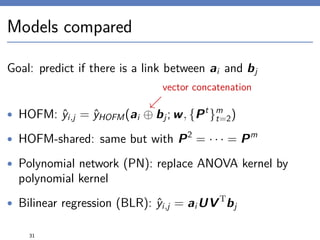 Models compared
Goal: predict if there is a link between ai and bj
• HOFM: ˆyi,j = ˆyHOFM(ai ⊕ bj; w, {Pt
}m
t=2)
• HOFM-shared: same but with P2
= · · · = Pm
• Polynomial network (PN): replace ANOVA kernel by
polynomial kernel
• Bilinear regression (BLR): ˆyi,j = aiUVT
bj
31
vector concatenation
 