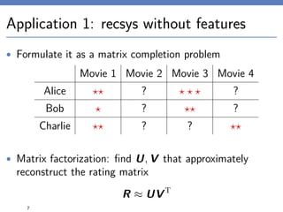 Application 1: recsys without features
• Formulate it as a matrix completion problem
Movie 1 Movie 2 Movie 3 Movie 4
Alice ? ?
Bob ? ?
Charlie ? ?
• Matrix factorization: ﬁnd U, V that approximately
reconstruct the rating matrix
R ≈ UVT
7
 
