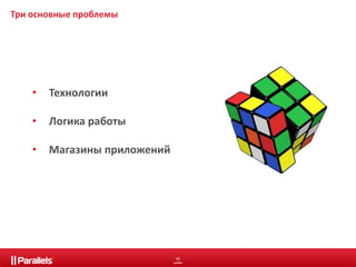 16 
Три основные проблемы 
• Технологии 
• Логика работы 
• Магазины приложений 
 