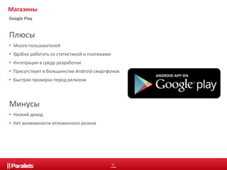 Магазины 
Google Play 
Плюсы 
• Много пользователей 
• Удобно работать со статистикой и платежами 
• Интеграция в среду разработки 
• Присутствует в большинстве Android-смартфонов 
• Быстрая проверка перед релизом 
31 
Минусы 
• Низкий доход 
• Нет возможности отложенного релиза 
 