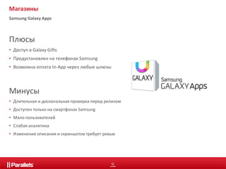 Плюсы 
• Доступ в Galaxy Gifts 
• Предустановлен на телефонах Samsung 
• Возможна оплата In-App через любые шлюзы 
Минусы 
• Длительная и доскональная проверка перед релизом 
• Доступен только на смартфонах Samsung 
• Мало пользователей 
• Слабая аналитика 
• Изменение описания и скриншотов требует ревью 
32 
Магазины 
Samsung Galaxy Apps 
 