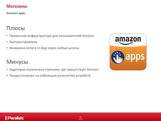 Плюсы 
• Привычная инфраструктура для пользователей Amazon 
• Быстрая проверка 
• Возможна оплата In-App через любые шлюзы 
Минусы 
• Аудитория ограничена странами, где присутствует Amazon 
• Предустановлен на небольшое количество устройств 
33 
Магазины 
Amazon apps 
 