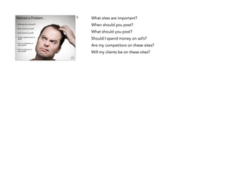 Noticed a Problem…

5

What sites are important?
When should you post?

•

What sites are important?

•

When should you post?

•

What should you post?

•

Should I spend money on
ad’s?

•

Are my competitors on
these sites?

Are my competitors on these sites?

•

Will my clients be on
these sites?

Will my clients be on these sites?

What should you post?
Should I spend money on ad’s?

 