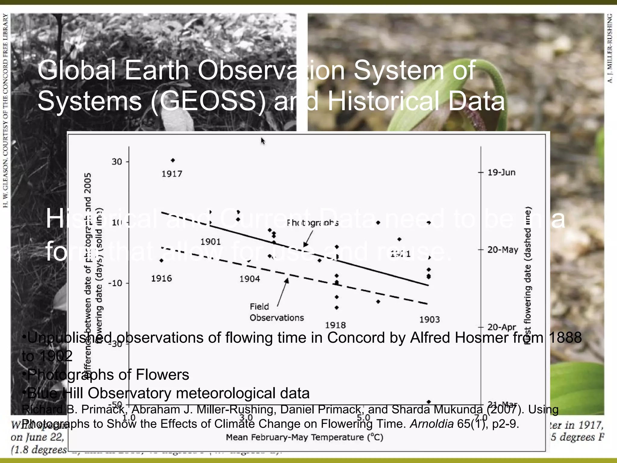 Global Earth Observation System of Systems (GEOSS) and Historical Data Unpublished observations of flowing time in Concord by Alfred Hosmer from 1888 to 1902 Photographs of Flowers Blue Hill Observatory meteorological data Richard B. Primack, Abraham J. Miller-Rushing, Daniel Primack, and Sharda Mukunda (2007). Using Photographs to Show the Effects of Climate Change on Flowering Time.  Arnoldia  65(1), p2-9. Historical and Current Data need to be in a form that allow for use and reuse. 