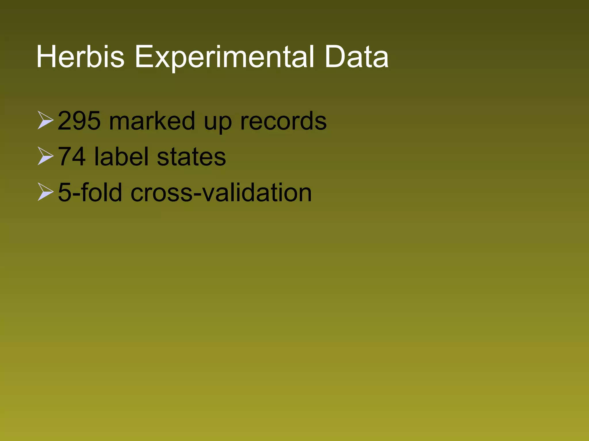 Herbis Experimental Data 295  marked up records 74 label states 5-fold cross-validation 