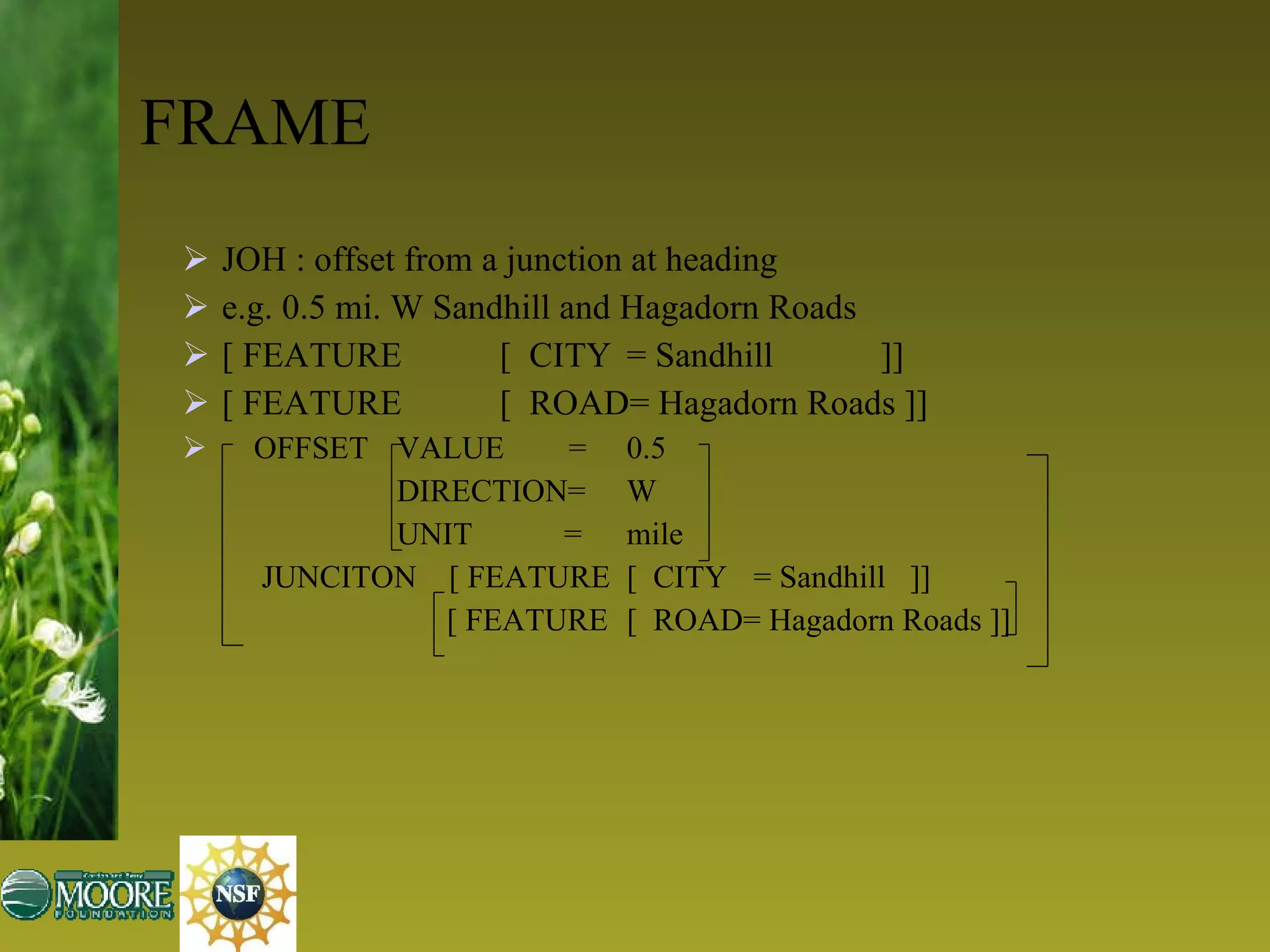 JOH :  offset from a junction at heading e.g. 0.5 mi. W Sandhill and Hagadorn Roads [ FEATURE [  CITY =  Sandhill   ]] [ FEATURE [  ROAD=  Hagadorn Roads  ]] OFFSET   VALUE  = 0.5     DIRECTION= W   UNIT   = mile   JUNCITON  [ FEATURE [  CITY =  Sandhill   ]]   [ FEATURE [  ROAD=  Hagadorn Roads  ]] FRAME 