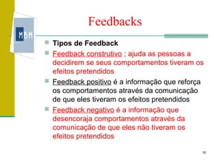 Feedbacks
 Tipos de Feedback
 Feedback construtivo ; ajuda as pessoas a
  decidirem se seus comportamentos tiveram os
  efeitos pretendidos
 Feedback positivo é a informação que reforça
  os comportamentos através da comunicação
  de que eles tiveram os efeitos pretendidos
 Feedback negativo é a informação que
  desencoraja comportamentos através da
  comunicação de que eles não tiveram os
  efeitos pretendidos

                                              55
 
