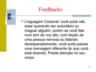 Feedbacks
 Linguagem Corporal: você pode não
 estar querendo ser autoritário ou
 magoar alguém, porém se você fala
 num tom de voz alto, com feição de
 uma pessoa nervosa ou falando
 desesperadamente, você pode passar
 uma mensagem diferente do que você
 está dizendo. Preste atenção no seu
 corpo.

                                       57
 