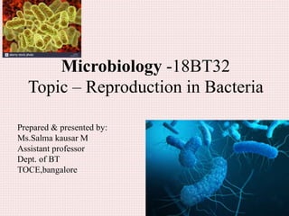 Microbiology -18BT32
Topic – Reproduction in Bacteria
Prepared & presented by:
Ms.Salma kausar M
Assistant professor
Dept. of BT
TOCE,bangalore
 