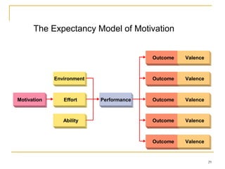 29
The Expectancy Model of Motivation
Environment
Motivation Effort Performance
Ability
Outcome
Outcome
Outcome
Valence
Outcome Valence
Outcome Valence
Valence
Valence
 