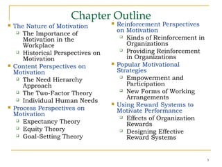 3
Chapter Outline
 The Nature of Motivation
 The Importance of
Motivation in the
Workplace
 Historical Perspectives on
Motivation
 Content Perspectives on
Motivation
 The Need Hierarchy
Approach
 The Two-Factor Theory
 Individual Human Needs
 Process Perspectives on
Motivation
 Expectancy Theory
 Equity Theory
 Goal-Setting Theory
 Reinforcement Perspectives
on Motivation
 Kinds of Reinforcement in
Organizations
 Providing Reinforcement
in Organizations
 Popular Motivational
Strategies
 Empowerment and
Participation
 New Forms of Working
Arrangements
 Using Reward Systems to
Motivate Performance
 Effects of Organization
Rewards
 Designing Effective
Reward Systems
 