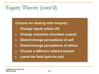 © 2005 Prentice Hall Inc. All
rights reserved. 6–31
Equity Theory (cont’d)
Choices for dealing with inequity:
1. Change inputs (slack off)
2. Change outcomes (increase output)
3. Distort/change perceptions of self
4. Distort/change perceptions of others
5. Choose a different referent person
6. Leave the field (quit the job)
Choices for dealing with inequity:
1. Change inputs (slack off)
2. Change outcomes (increase output)
3. Distort/change perceptions of self
4. Distort/change perceptions of others
5. Choose a different referent person
6. Leave the field (quit the job)
 