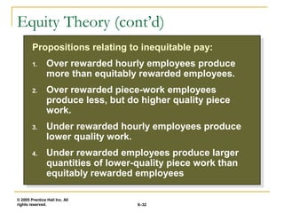 © 2005 Prentice Hall Inc. All
rights reserved. 6–32
Equity Theory (cont’d)
Propositions relating to inequitable pay:
1. Over rewarded hourly employees produce
more than equitably rewarded employees.
2. Over rewarded piece-work employees
produce less, but do higher quality piece
work.
3. Under rewarded hourly employees produce
lower quality work.
4. Under rewarded employees produce larger
quantities of lower-quality piece work than
equitably rewarded employees
Propositions relating to inequitable pay:
1. Over rewarded hourly employees produce
more than equitably rewarded employees.
2. Over rewarded piece-work employees
produce less, but do higher quality piece
work.
3. Under rewarded hourly employees produce
lower quality work.
4. Under rewarded employees produce larger
quantities of lower-quality piece work than
equitably rewarded employees
 