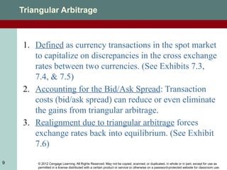 © 2012 Cengage Learning. All Rights Reserved. May not be copied, scanned, or duplicated, in whole or in part, except for use as
permitted in a license distributed with a certain product or service or otherwise on a password-protected website for classroom use.
9
Triangular Arbitrage
1. Defined as currency transactions in the spot market
to capitalize on discrepancies in the cross exchange
rates between two currencies. (See Exhibits 7.3,
7.4, & 7.5)
2. Accounting for the Bid/Ask Spread: Transaction
costs (bid/ask spread) can reduce or even eliminate
the gains from triangular arbitrage.
3. Realignment due to triangular arbitrage forces
exchange rates back into equilibrium. (See Exhibit
7.6)
 