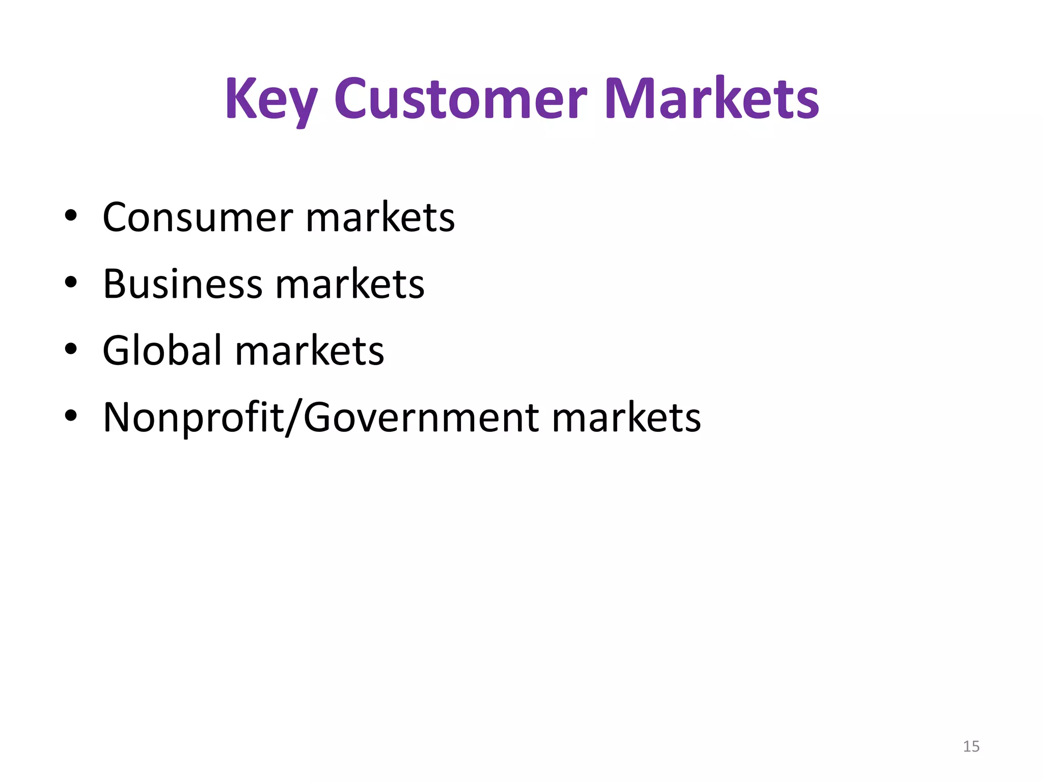 Key Customer Markets
•
•
•
•

Consumer markets
Business markets
Global markets
Nonprofit/Government markets

15

 