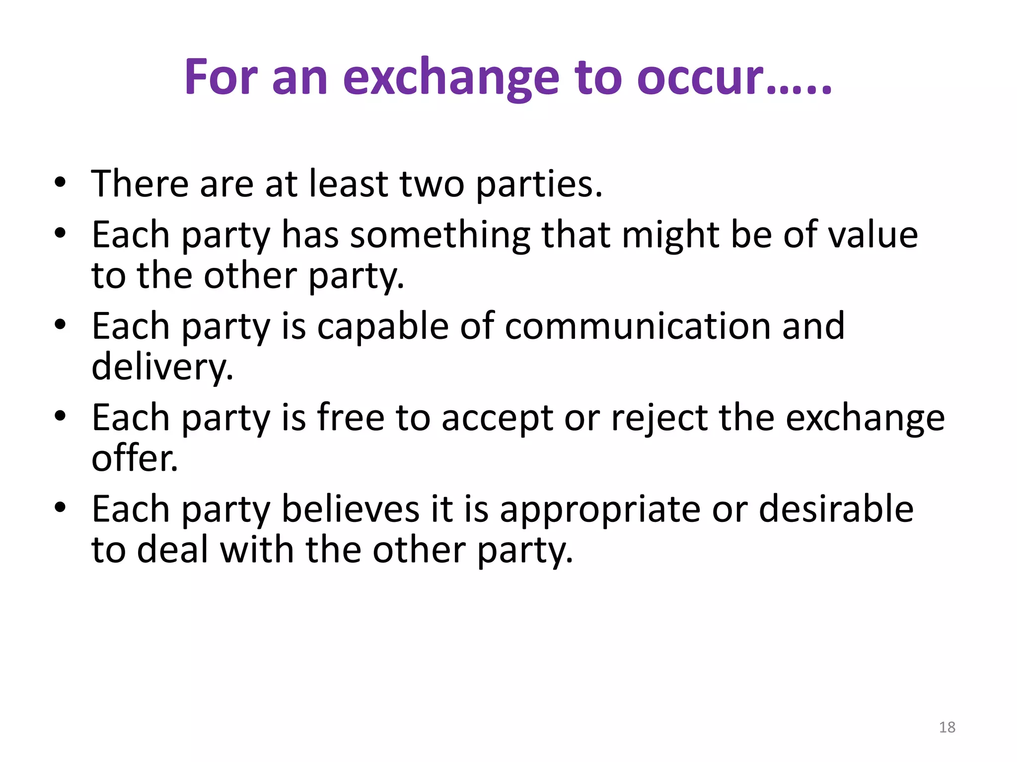 For an exchange to occur…..
• There are at least two parties.
• Each party has something that might be of value
to the other party.
• Each party is capable of communication and
delivery.
• Each party is free to accept or reject the exchange
offer.
• Each party believes it is appropriate or desirable
to deal with the other party.

18

 